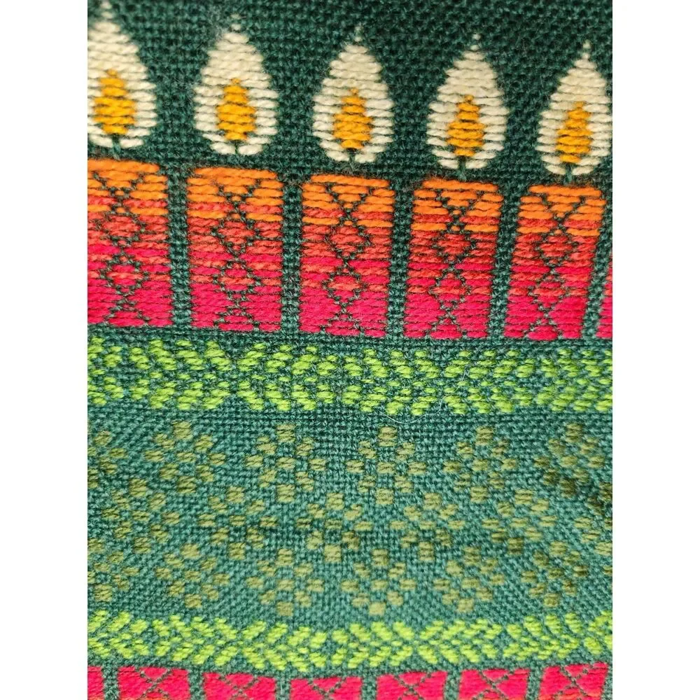Vintage Candle Theme Table Runner Woven Retro Green Mid Century Ethnic